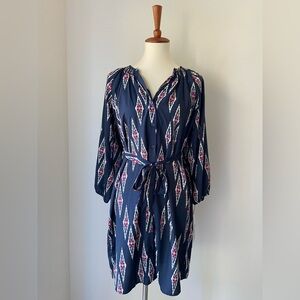Tucker x Navy Blue Ikat print Long Sleeve Shirt Dress with Waist Tie